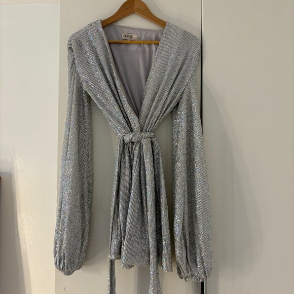 House of CB London Sequin Wrap Mini Dress – Silver, Size Small - Picture 3 of 5